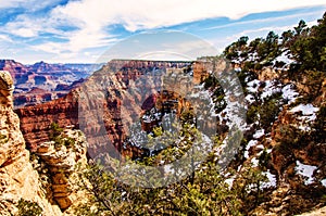 Grand Canyon South Rim Arizona in winter with snow on rocks