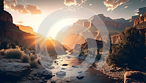 Grand Canyon at sunset, panorama of rocky mountains in Arizona, USA, generative AI