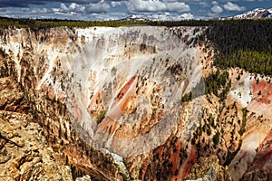 Grand Canyon of Yellowstone, the river flows through the cliffs of yellow and orange sandstone, in Yellowstone National Park,