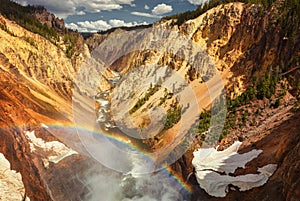 Grand Canyon of Yellowstone, the river flows through the cliffs of yellow and orange sandstone, in Yellowstone National Park,