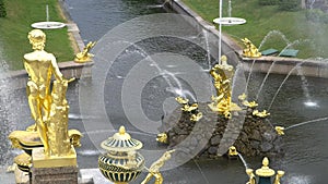 Grand cascade, famous Petergof fountains In St. Petersburg, Russia. View From Palace.