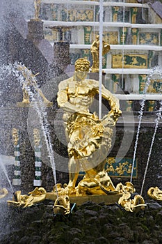 The Grand Cascade and Samson Fountain golden sculpture of Samson tearing open the jaws of a lion close up vertical shot