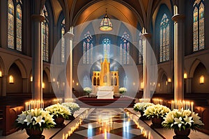A Grand Cathedral Interior during a Candlelit Evening Mass: Altar Adorned with White Lilies, Stained Glass Elegance