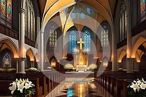 A Grand Cathedral Interior during a Candlelit Evening Mass: Altar Adorned with White Lilies, Stained Glass Elegance