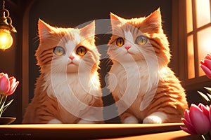 Grand cats in regal home, sun casting warm light through window. AI generated