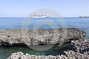 Grand Cayman Rocky Shore And A Cruise Ship