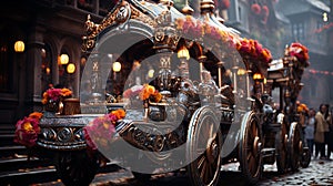 . A grand chariot elaborately decorated with vibrant flowers