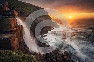 Grand Cliff Face with Waterfall and Fiery Sunset