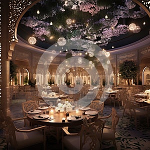 the grand dining hall. wedding reception. Dinning Hall with tables seats. AI Generative