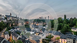 Grand Duchy of Luxembourg city skyline day to night time lapse at Grund