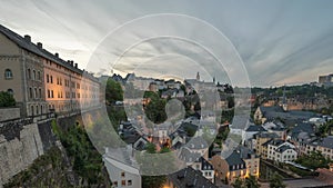 Grand Duchy of Luxembourg city skyline day to night time lapse at Grund