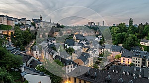 Grand Duchy of Luxembourg city skyline day to night time lapse at Grund