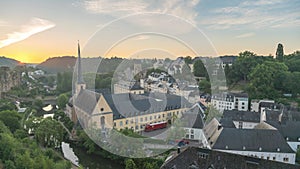 Grand Duchy of Luxembourg city skyline night to day sunrise time lapse