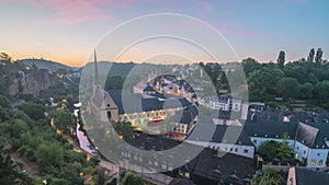 Grand Duchy of Luxembourg city skyline sunrise time lapse at Grund