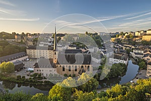 Grand Duchy of Luxembourg, sunrise city skyline at Grund along Alzette river