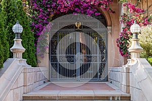 A grand entrance complete with a walkway and an iron gate