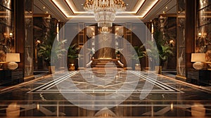 grand entrance design, grand entrance to prestigious venue showcasing opulent chandeliers and marble floors, creating a