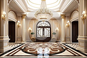 grand entrance of luxury hotel, with marble flooring and crystal chandeliers