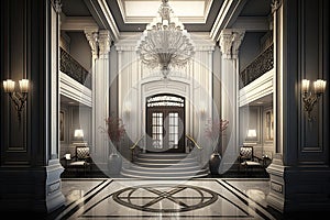grand entrance of luxury hotel, with marble flooring and crystal chandeliers