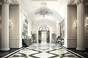 grand entrance of luxury hotel, with marble flooring and crystal chandeliers