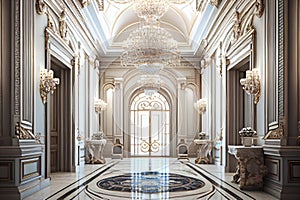 a grand entrance, with marble floors and crystal chandeliers, for a luxury hotel