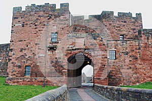 The grand entrance to Carlisle Castle, Carlisle, Cumbria, England, in April 2022.
