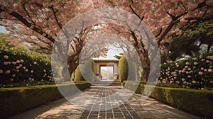 A grand entrance to a garden with blooming trees on either side