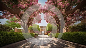 A grand entrance to a garden with blooming trees on either side