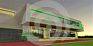 The grand entrance to a sophisticated private residence. Yellow-green illumination highlighting the facade elements. The property