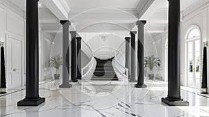A grand entranceway with a white marble floor and black columns leading to a stunning black and white staircase. . photo