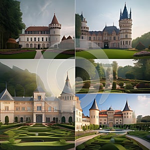 A grand European castle with turrets and sprawling gardens1