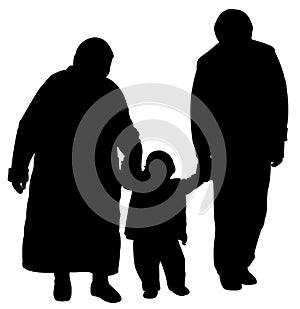 Grand father and grand mother walking with baby