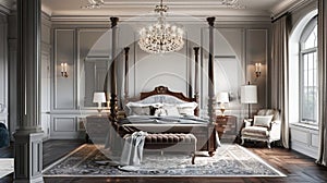 Grand four-poster bed and rich velvet bedding define this elegant master bedroom with dark wood floors and classic