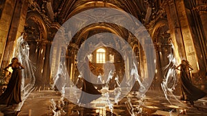 In a grand hall of marble and gold a group of enchanted witches perform a mesmerizing ritual dance. With each step they