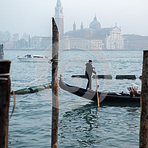 Grand ÃÂ¡hannel with gondola and gondolier, Venice, Italy.