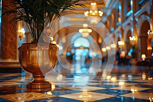 Grand Hotel Lobby with Soft Focus on Elegance and Guests