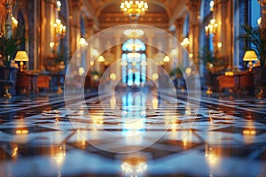 Grand Hotel Lobby with Soft Focus on Elegance and Guests