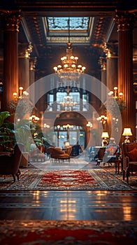 Grand Hotel Lobby with Soft Focus on Elegance and Guests