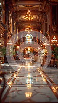 Grand Hotel Lobby with Soft Focus on Elegance and Guests
