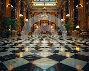 Grand Hotel Lobby with Soft Focus on Elegance and Guests