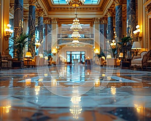 Grand Hotel Lobby with Soft Focus on Elegance and Guests