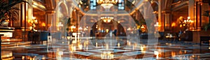 Grand Hotel Lobby with Soft Focus on Elegance and Guests