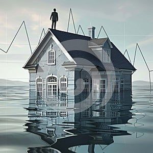 a grand house partially submerged in water, with a businessman standing on the roof, looking at a sinking market line chart This