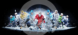 Grand ice hockey collage with professional players on the black background