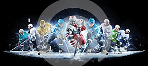 Grand ice hockey collage with professional players on the black background