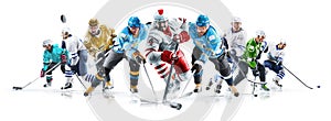 Grand ice hockey collage with professional players on the white background