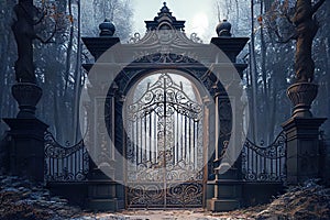 grand iron gates, towering above the entrance to a secluded mansion in the woods