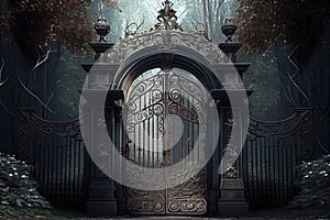 grand iron gates, towering above the entrance to a secluded mansion in the woods