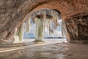 Grand Island Sea Cave with Ice Curtain in Winter, Munising Michigan