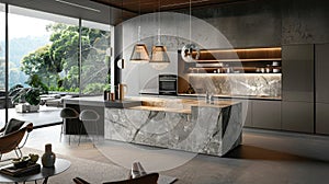 Grand kitchen with vast island, quartz worktops, high-end appliances, featuring exquisite pendant lights